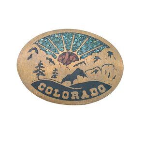 Vintage Brass Inlay Belt Buckle, Colorado Sunrise with Turquoise and Coral